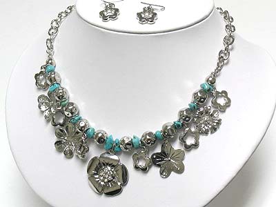 Natural chip stone and metal flower dangle necklace and earring set