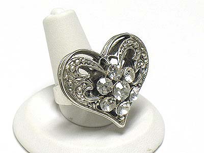 Crystal metal filigree heart adjustable ring