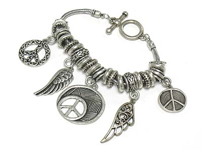 Peace theme charm antique metal toggle bracelet