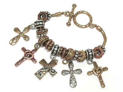 Cross theme charm antique metal toggle bracelet