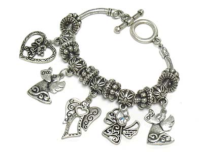 Angel theme charm antique metal toggle bracelet