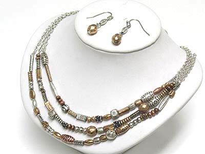 Triple strand antique metal beads necklace and earring set