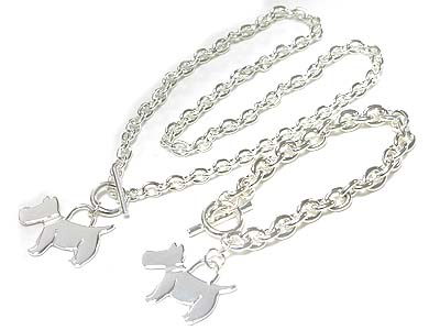 Metal dog charm toggle bracelt and necklae set