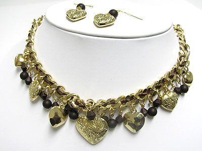 Metal heart and beads drop chain necklace and earring set