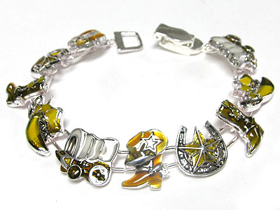 Metal epoxy western theme charm link magnetic clasp bracelet