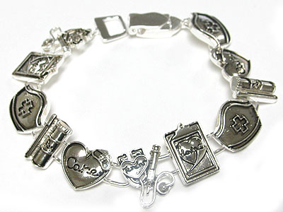 Metal nurse theme charm link magnetic clasp bracelet