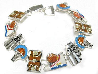 Metal epoxy basketball theme charm link magnetic clasp bracelet