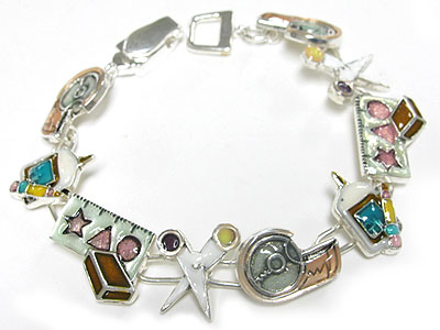 Metal epoxy school supply theme charm link magnetic clasp bracelet