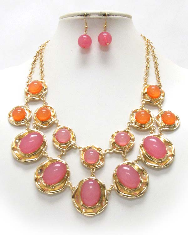 Multi bubble stone on natural shape disk link bib style necklac earring set