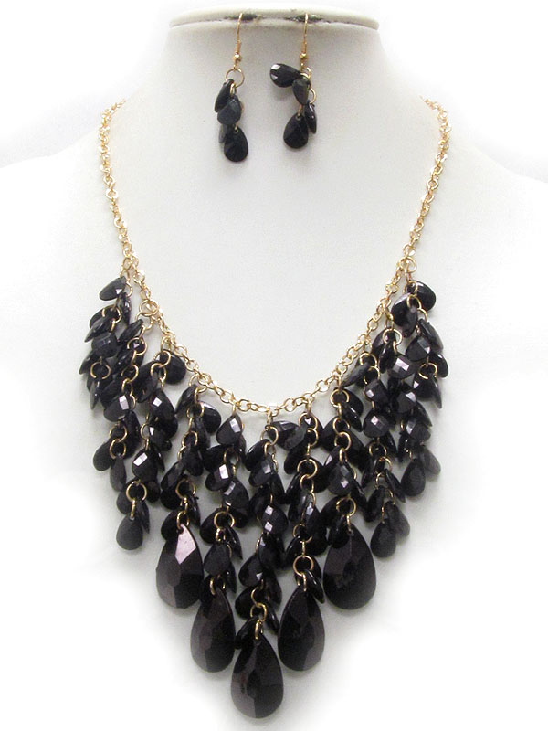 Multi facet teardrop acrylic stone drop bib necklace earring set