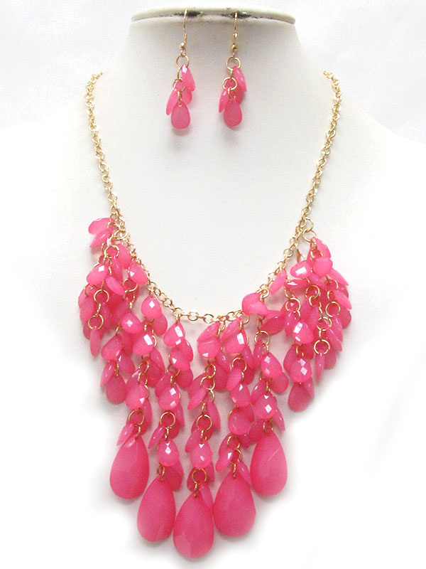 Multi facet teardrop acrylic stone drop bib necklace earring set