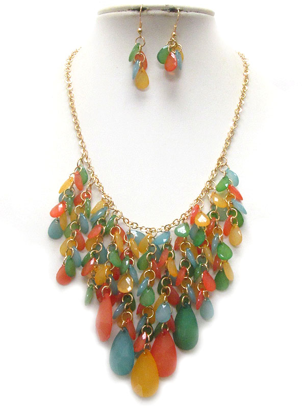 Multi facet teardrop acrylic stone drop bib necklace earring set