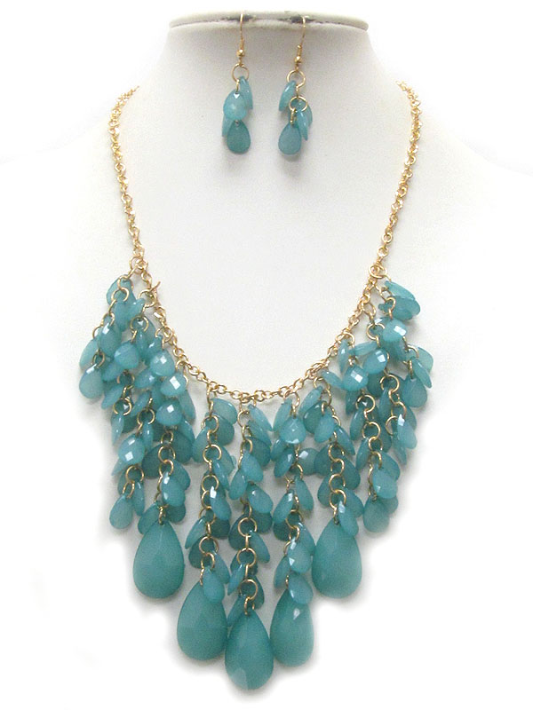 Multi facet teardrop acrylic stone drop bib necklace earring set