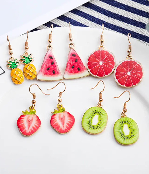 Fruit theme 5 pair mix earring set - pineapple strawberry kiwi water melon
