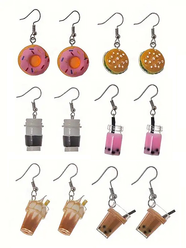 Food theme 6 pair mix earring set - burger coffee donut boba tea