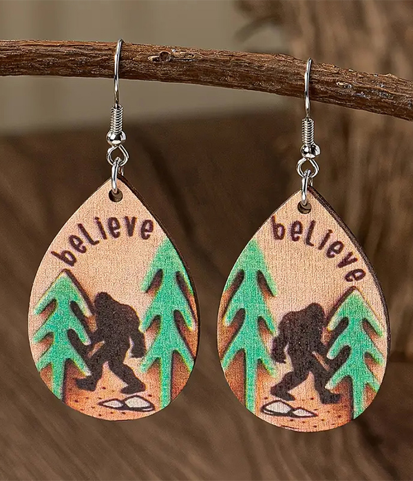 Bigfoot believe wooden teardrop earring