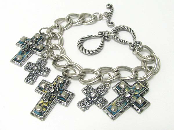 Medieval design metal cross charm dangle chain bracelet