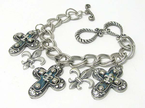 Medieval design metal round edge cross charm dangle chain bracelet