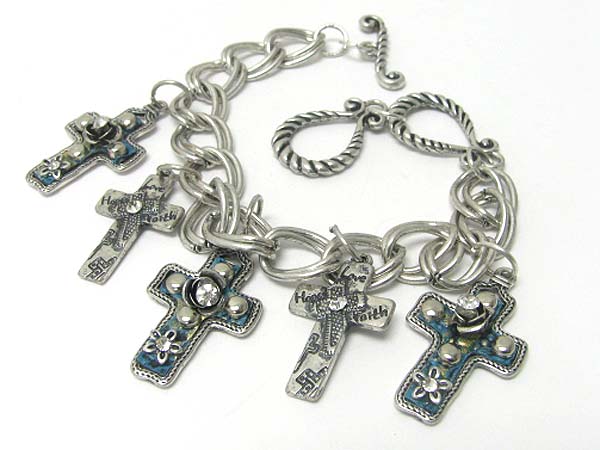 Medieval design metal cross charm dangle chain bracelet