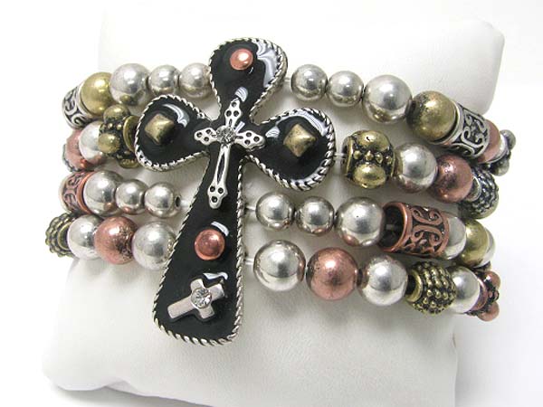 Medieval design metal cross top metal ball stretch bracelet