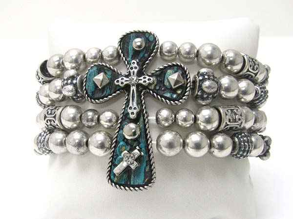 Medieval design metal cross top metal ball stretch bracelet