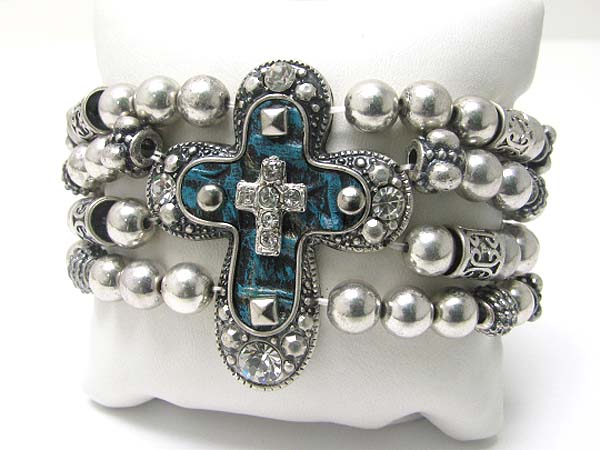 Medieval design metal round edge cross top metal ball stretch bracelet