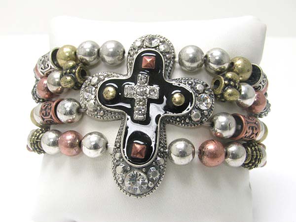 Medieval design metal round edge cross top metal ball stretch bracelet