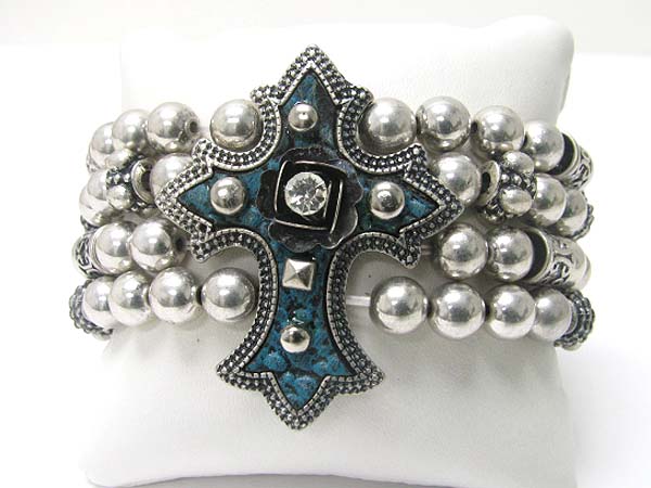 Medieval design metal cross top metal ball stretch bracelet