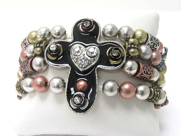 Medieval design metal round edge cross top metal ball stretch bracelet