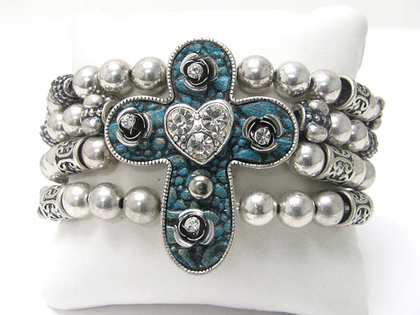 Medieval design metal round edge cross top metal ball stretch bracelet