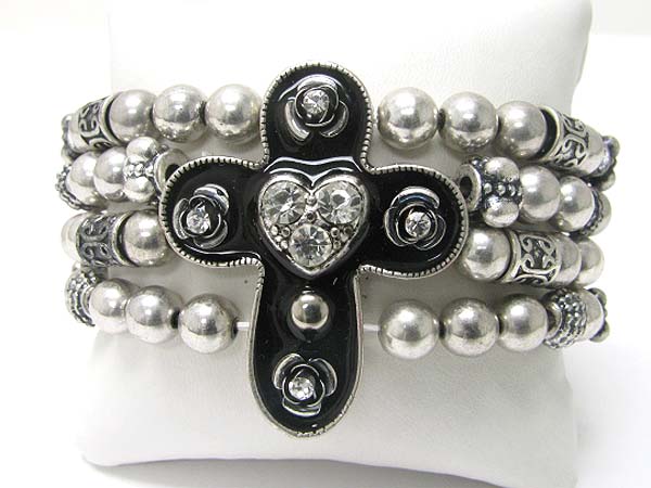 Medieval design metal round edge cross top metal ball stretch bracelet