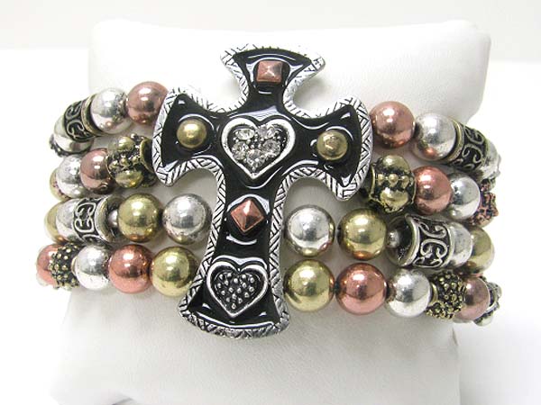 Medieval design metal cross top metal ball stretch bracelet