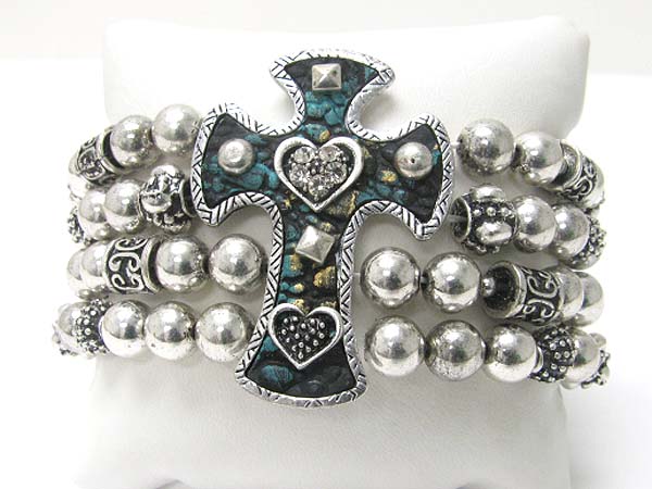 Medieval design metal cross top metal ball stretch bracelet