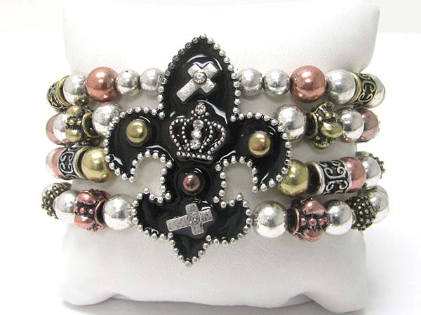 Medieval design metal fleur de lis top metal ball stretch bracelet