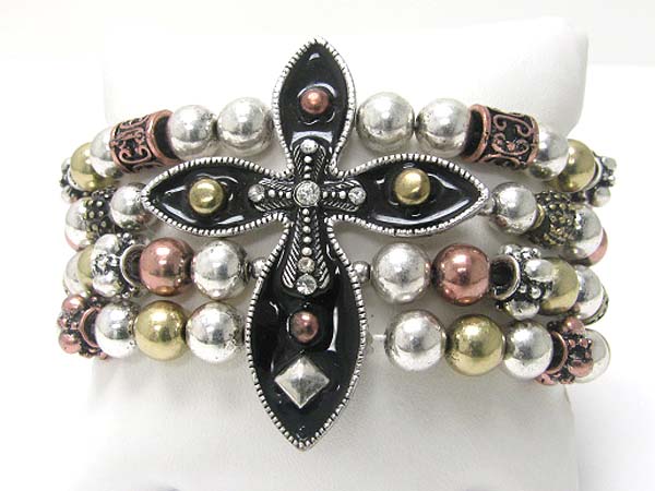 Medieval design metal cross top metal ball stretch bracelet