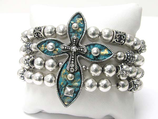 Medieval design metal cross top metal ball stretch bracelet