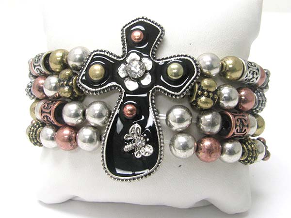 Medieval design metal round edge cross top metal ball stretch bracelet