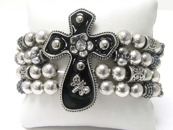 Medieval design metal round edge cross top metal ball stretch bracelet