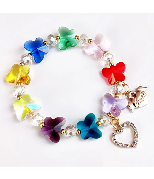 Facet stone butterfly bead and heart charm stretch bracelet 