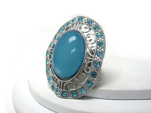 Natural stone and cyrstal edge filigree stretch ring