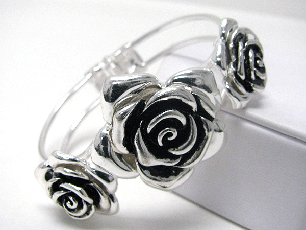 Triple metal rose on wired bangle bracelet