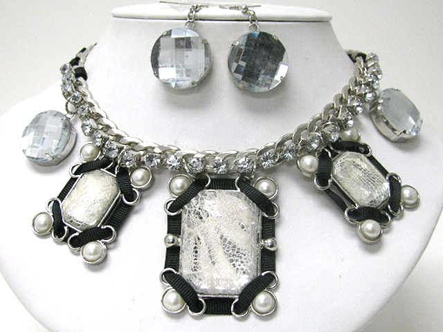 Pearl glass shoelace multimedia rhinestone and metal chain necklace earring set