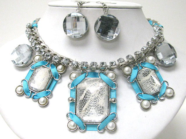 Pearl glass shoelace multimedia rhinestone and metal chain necklace earring set