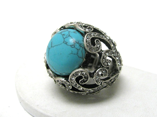 Retro vintage turquoise and luxury crystal deco glam stretch ring