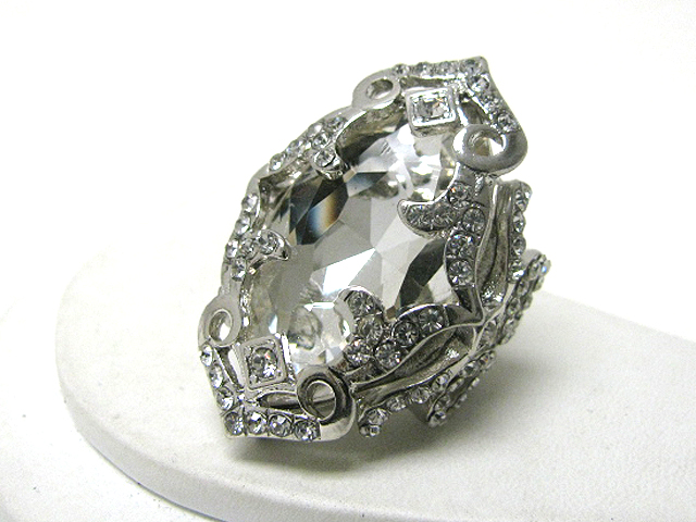 Large facet glass stone and crystal deco stretch ring