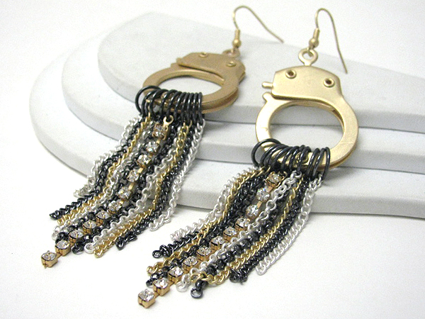 Multi chain and rhinestone drop handcuff earrings