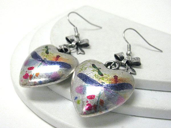 Antique style dragonfly paint on a puff heart earrings