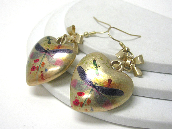 Antique style dragonfly paint on a puff heart earrings