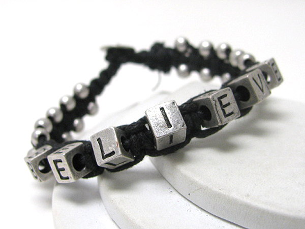 Metal cube and ball link thread friendship bracelet - believe