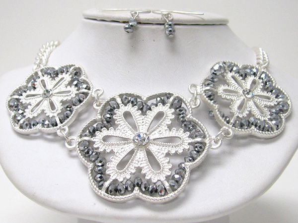 Crystal center triple metal filigree flower and glass bead link statement necklace earring set